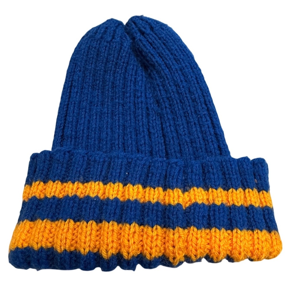 Vintage Knit‎ Beanie Hat Blue Orange Striped Bobble Hat Winter Warm - Picture 2 of 6